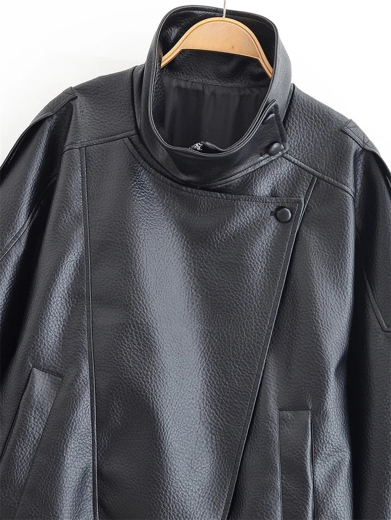 Women Black Faux Leather Jacket Long Sleeve Motorcycle Style Fall Fashion Coat