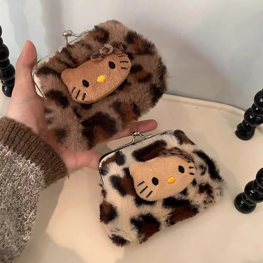 Kitty Leopard Print Plush Coin Purse Mini Makeup Storage Bag