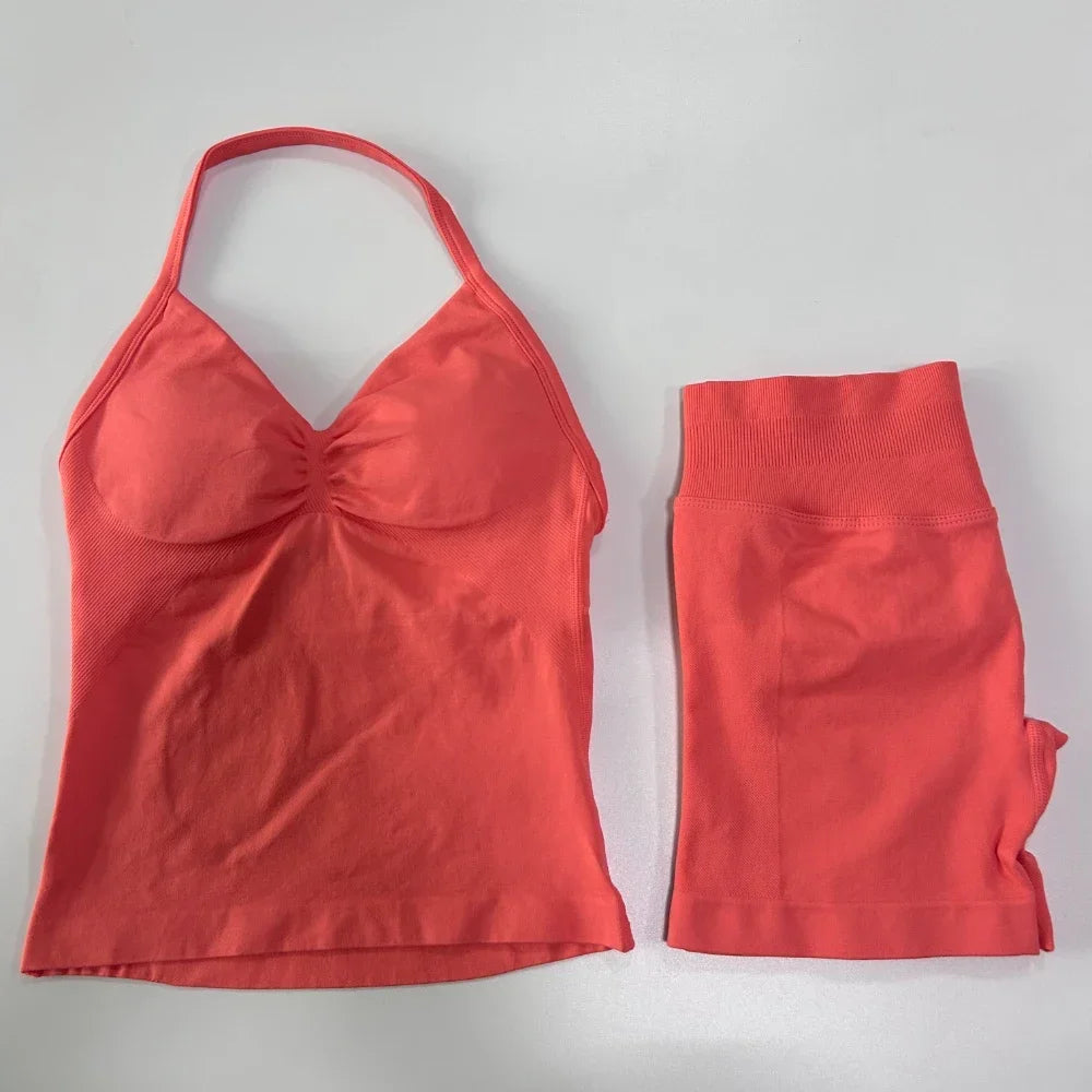 Yoga Set Women Seamless Tank Top High Waist Scrunch Shorts Gym Workout Set