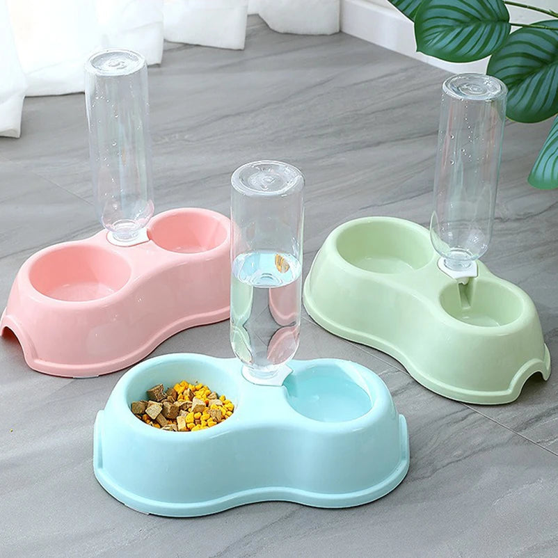 Pet Automatic Feeder Bowl with Water Dispenser Raised Double Dish for Dog Cat