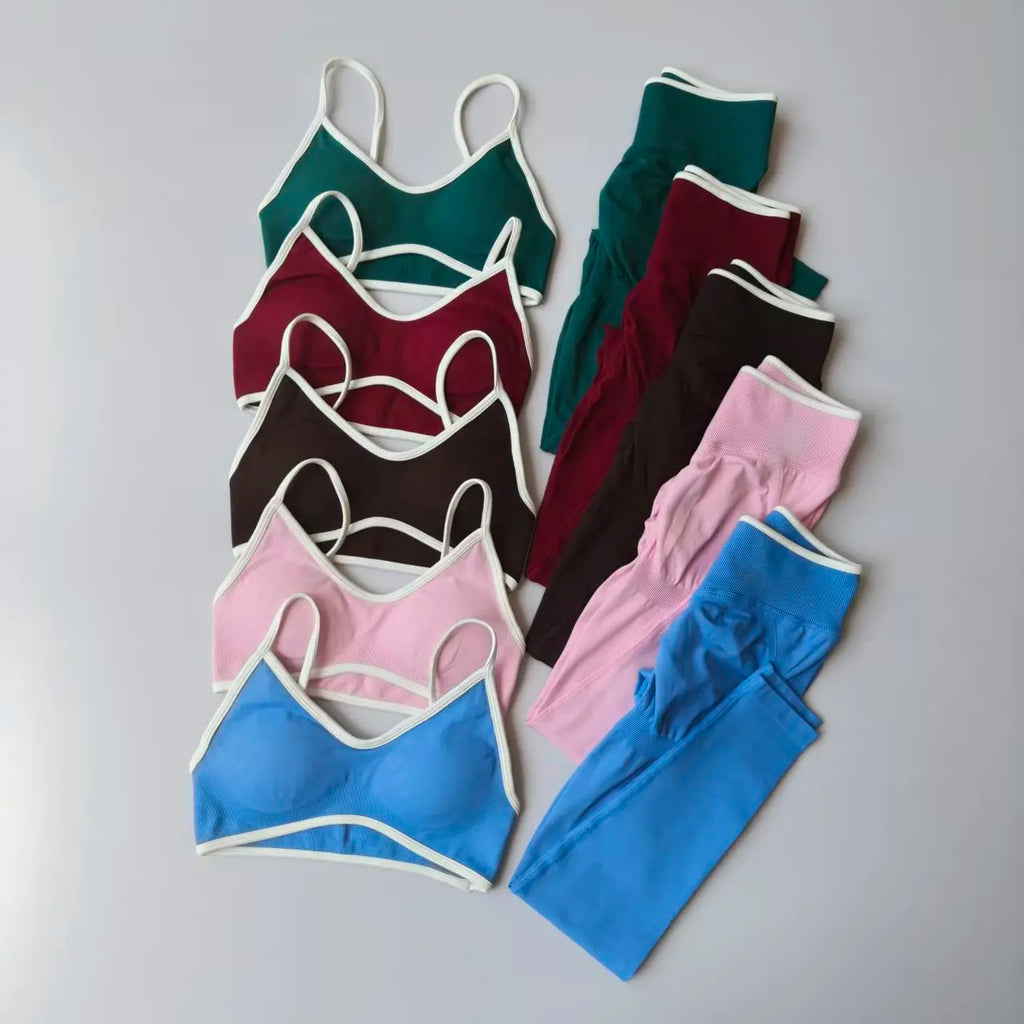 Seamless Women Sports Set Strappy Bra High Waist Sculpt Leggings Gym Fitness Suit
