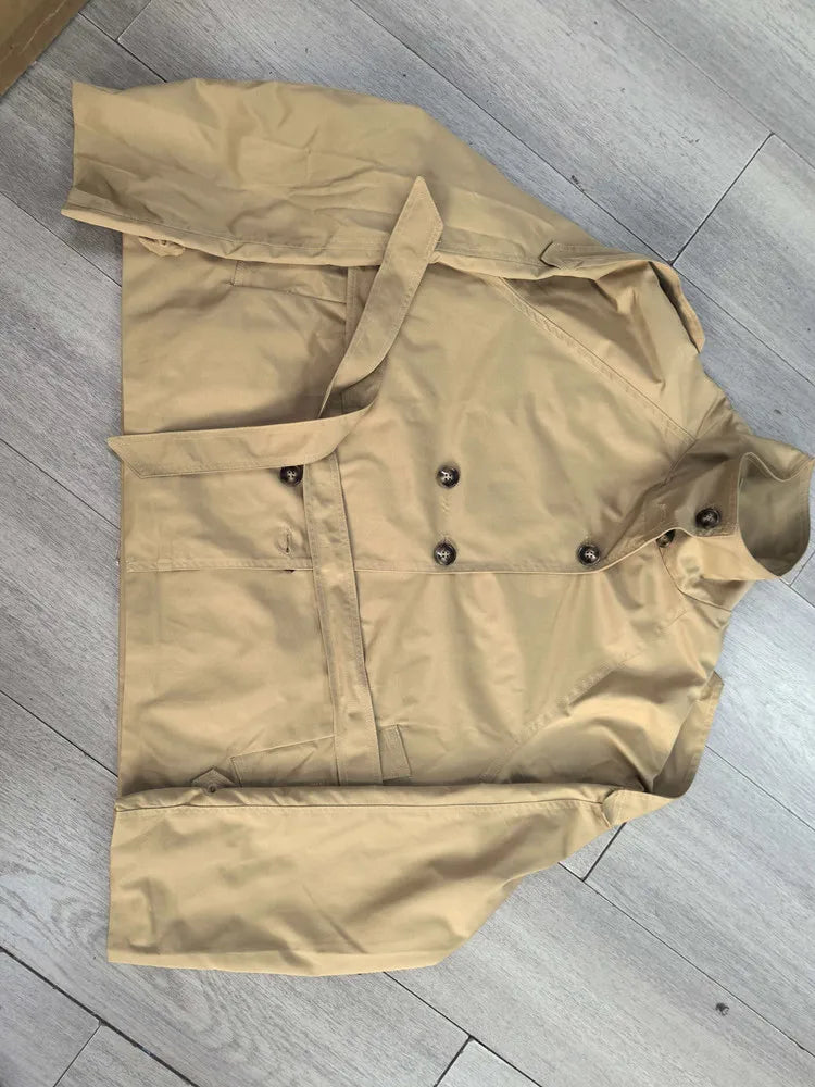 Women Cropped Trench Coat Belted Double Breasted Stand Collar Jacket Vintage Chic Outerwear