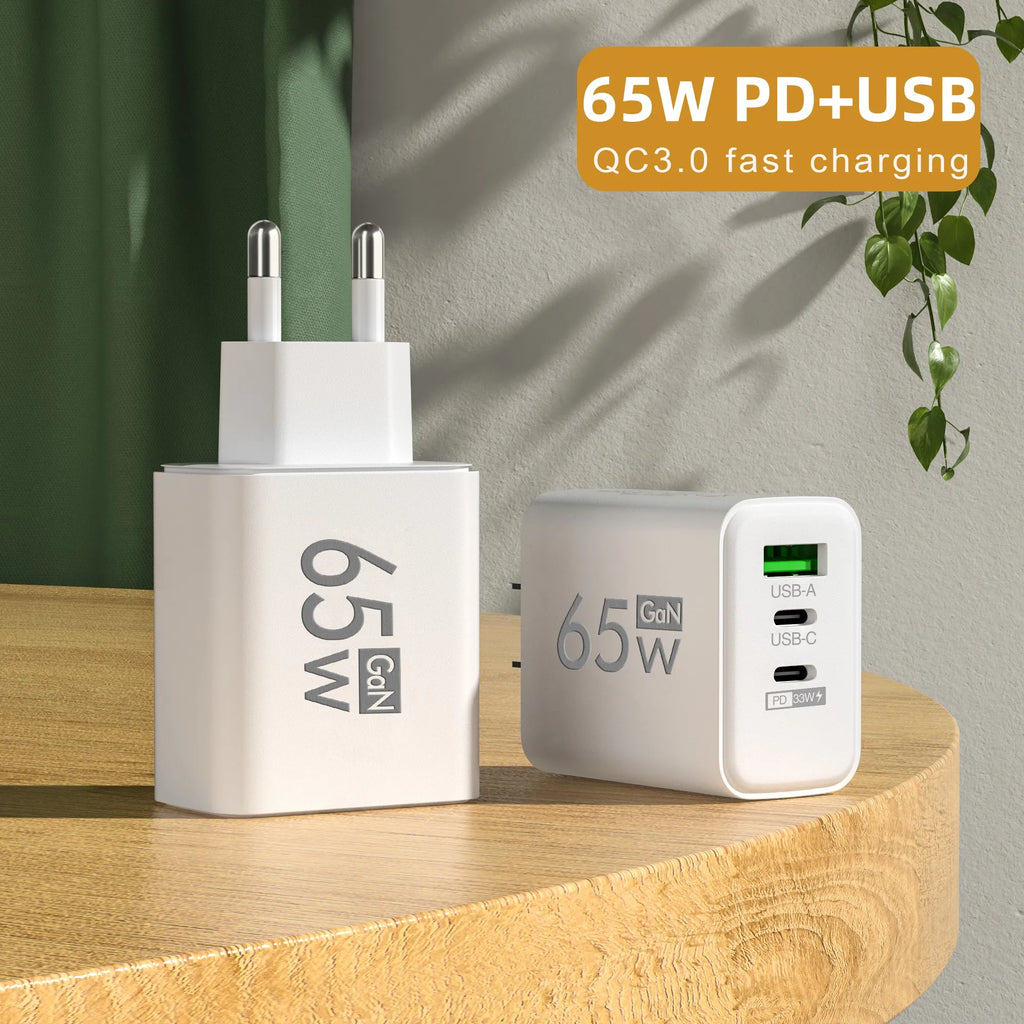 65W 3 Ports GaN USB PD Fast Charging Type C Adapter Quick Charger