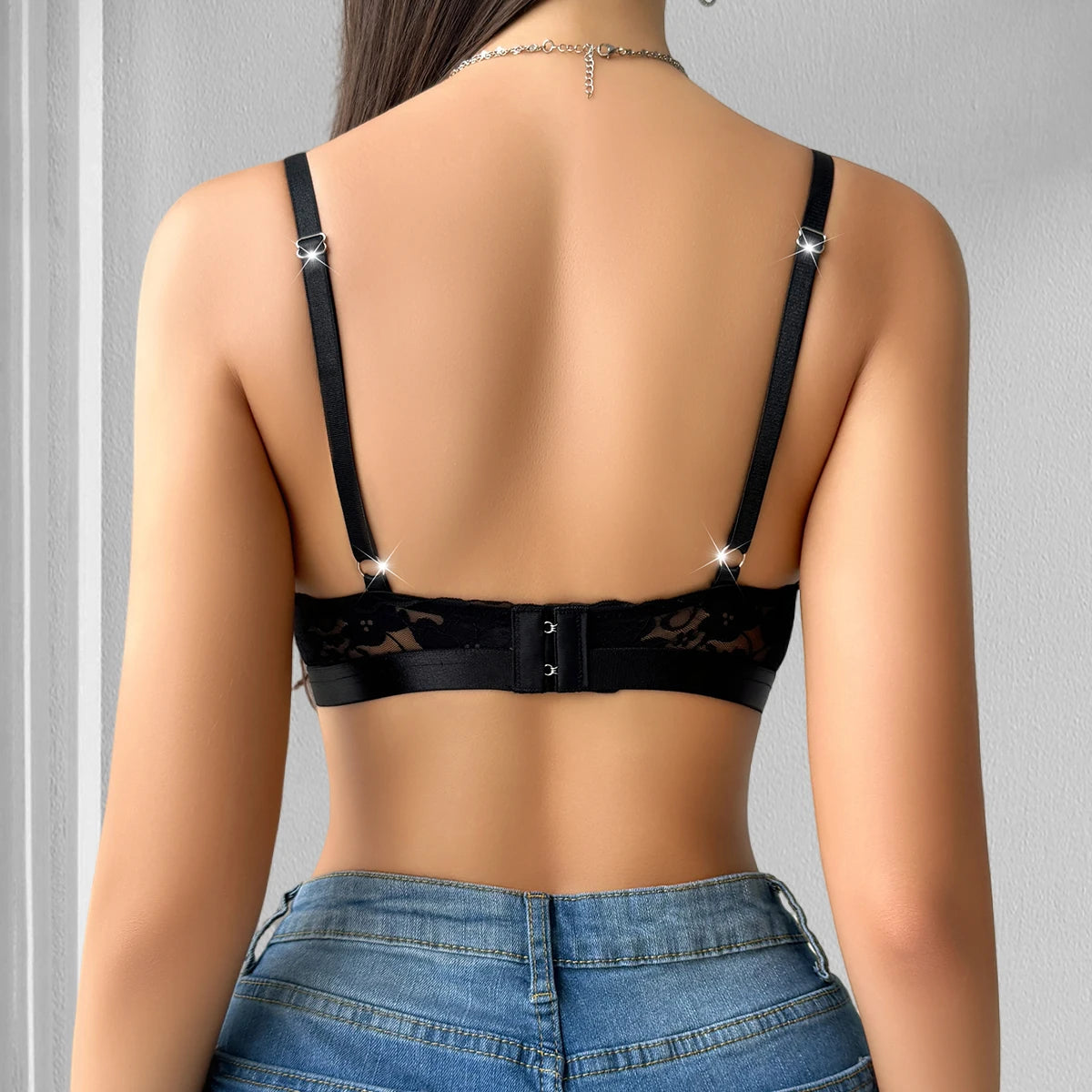 Women Sheer Floral Lace Wire Free Unlined Adjustable Strap Bra Lingerie