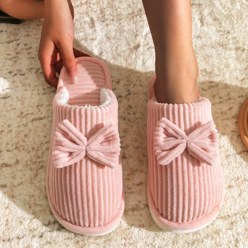 Cute Bow Slippers Women Cozy Plush Indoor Home Shoes Soft Warm Winter Slides