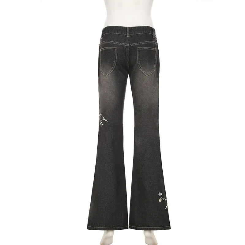 Y2K Floral Embroidery Flared Jeans Low Rise Baggy Denim Pants