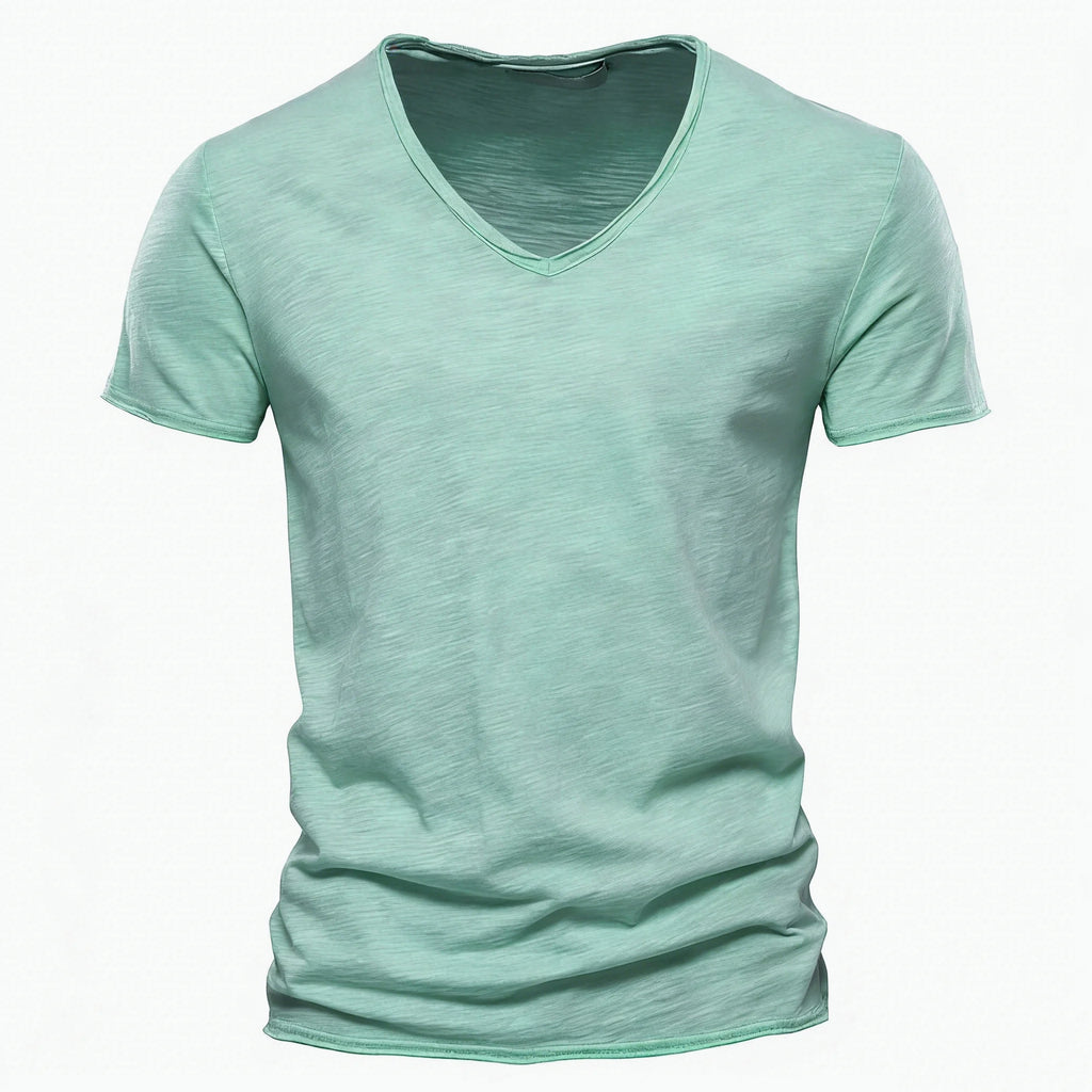 Men Cotton V-Neck Slim Fit T Shirt Short Sleeve Fashion Basic Tee