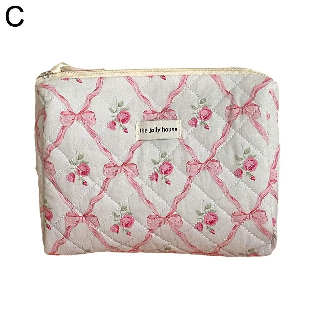 Women Quilted Makeup Bag Cute Bow Flower Zipper Cosmetic Organizer Toiletry Case