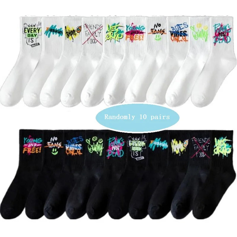 Cotton Harajuku Graffiti Long Socks Black White Anime Hip Hop Funny Fashion Socks 10 Pairs