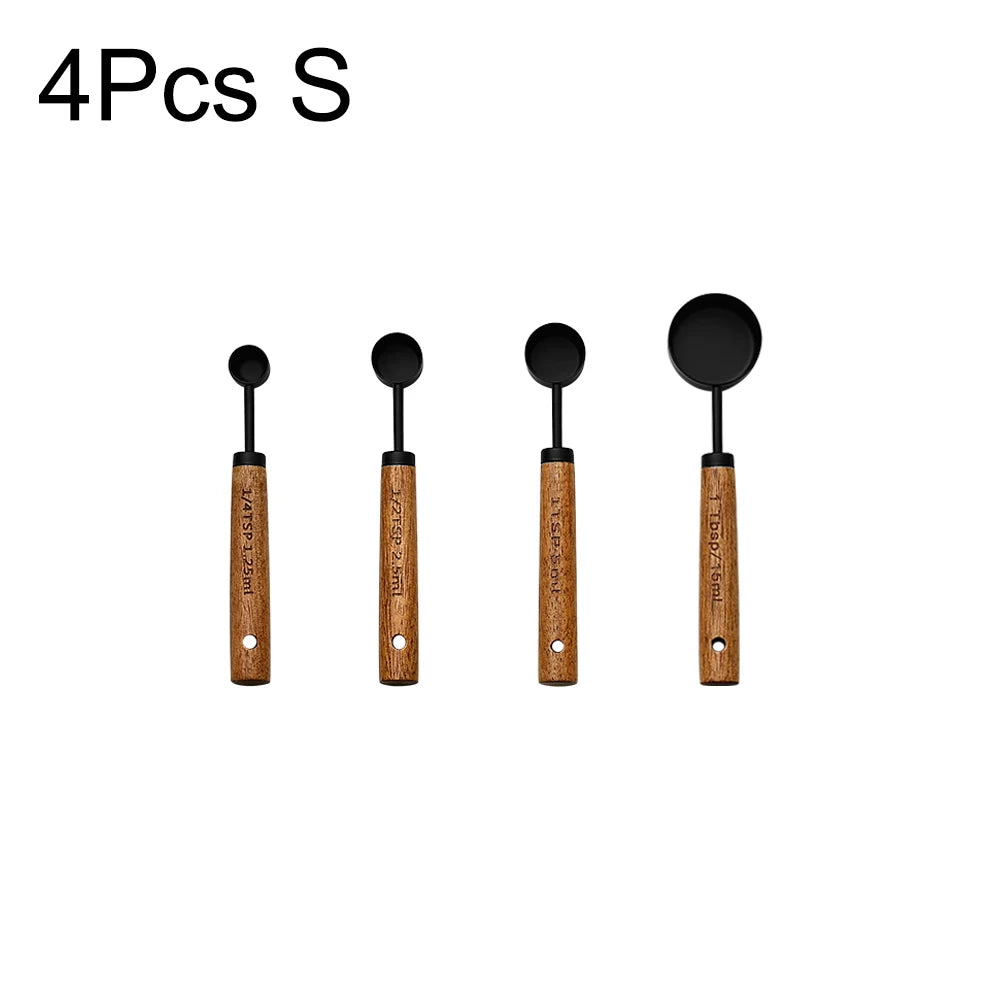 Stainless Steel Measuring Cups Spoons Set Wooden Handle Baking Coffee Tools