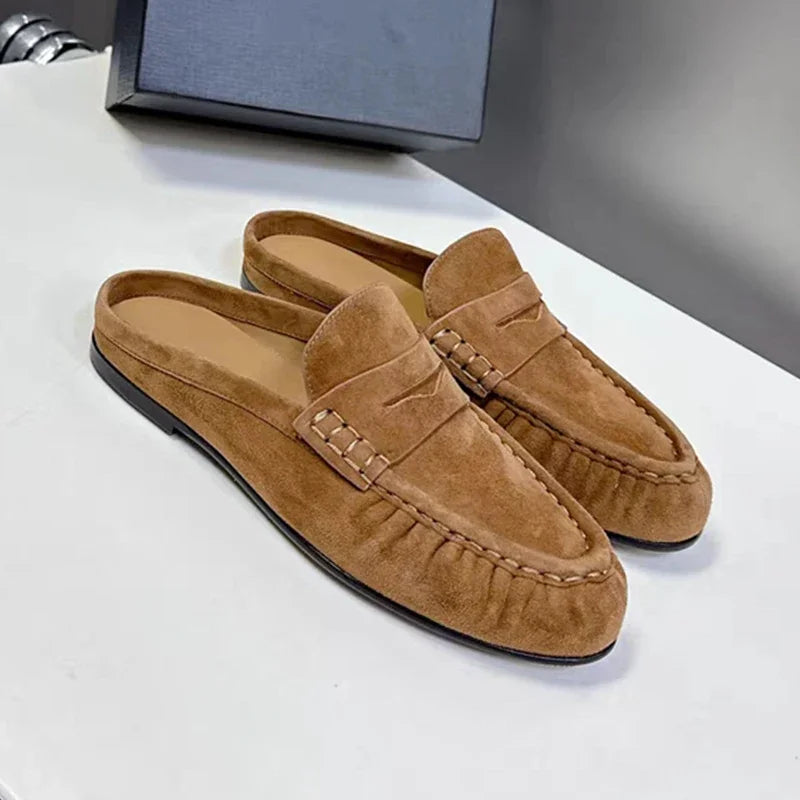 Women Leather Mules French Style Slip On Flat Slides Casual Plus Size 34-43 2026