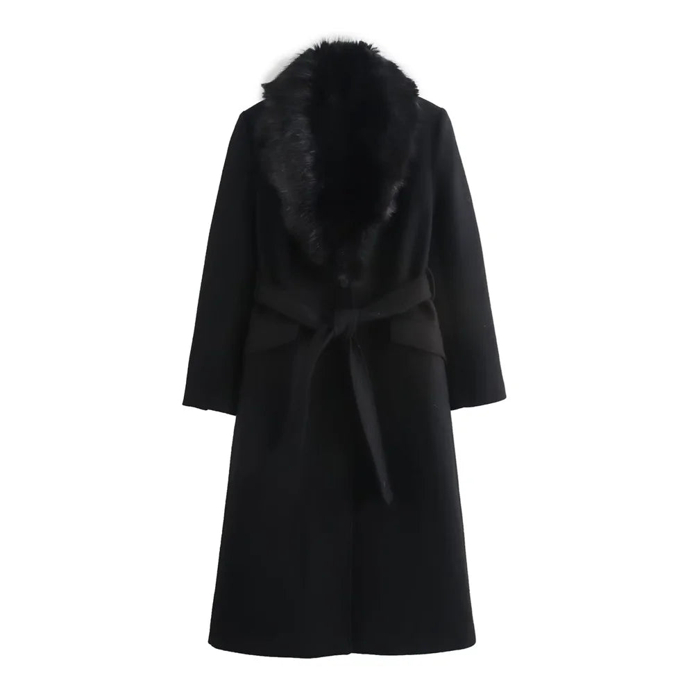 Women Belted Coat Faux Fur Collar Long Sleeve Warm Autumn Winter Jacket with Pockets