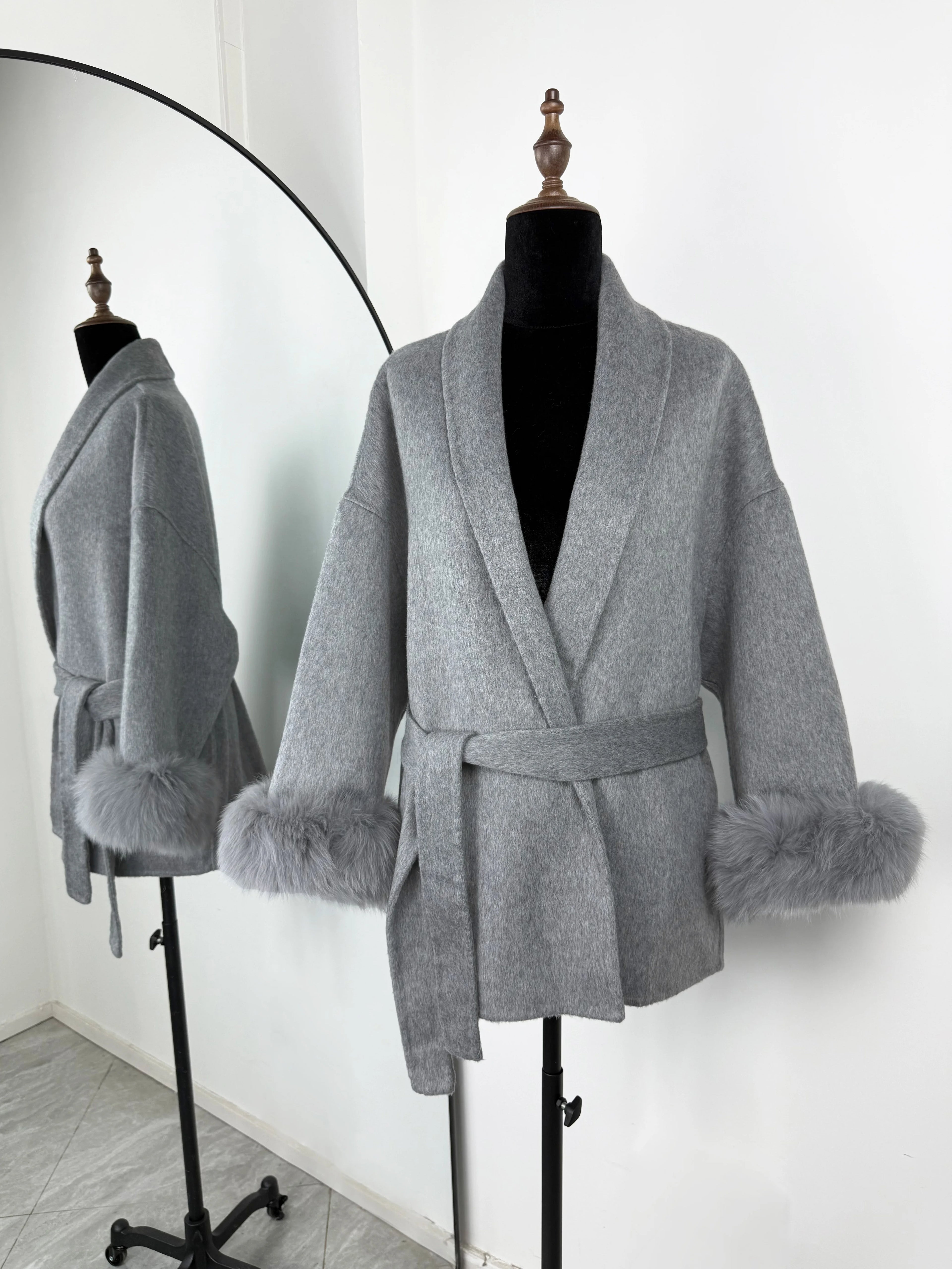 Women Wool Coat Faux Fur Collar Short Double Sided Elegant Jacket