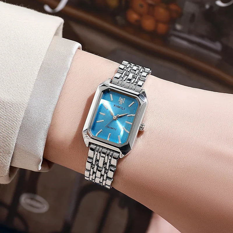 Women Stainless Steel Quartz Watch Square Dial Fashion Wristwatch Gift