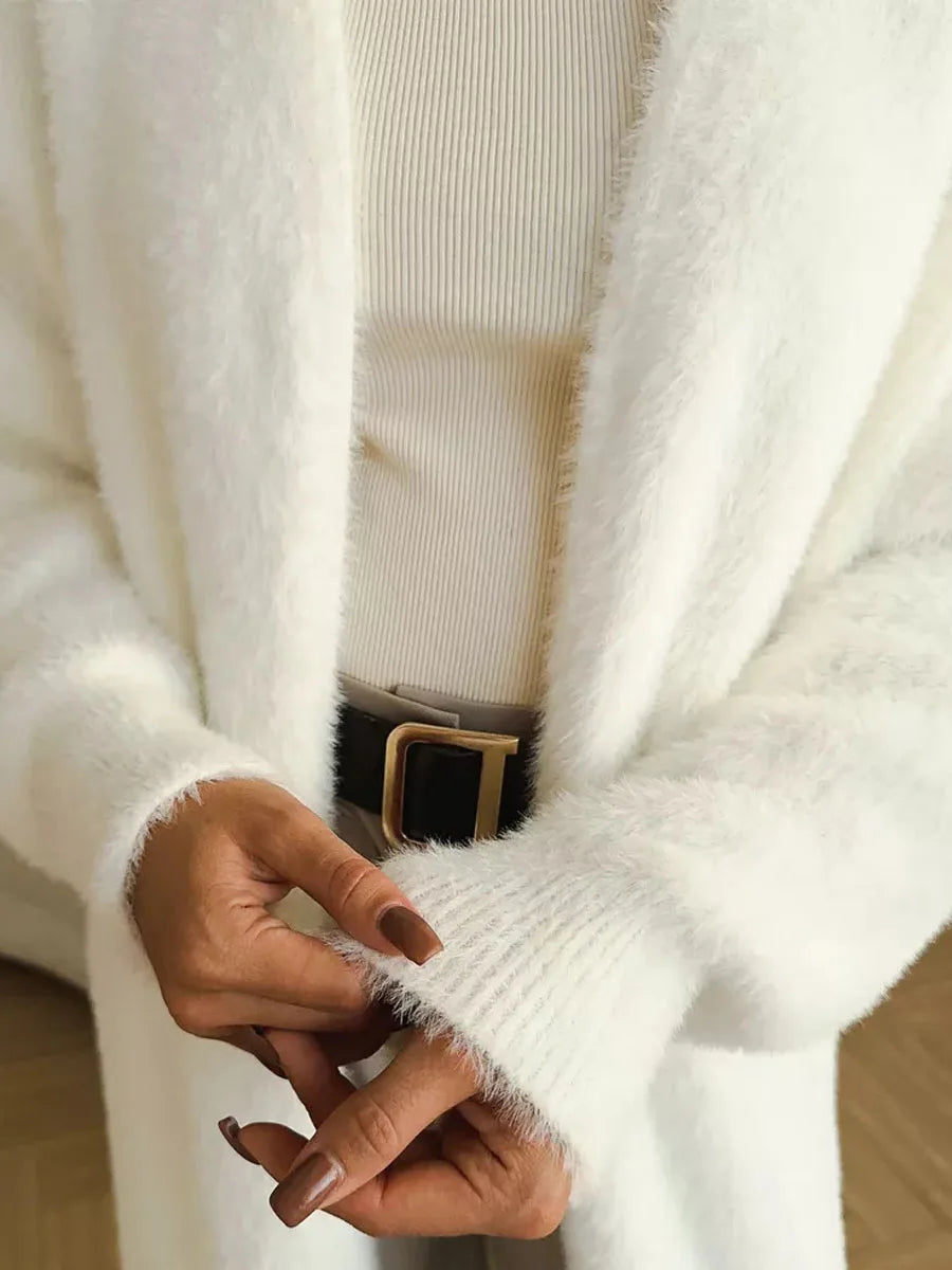Women White Long Knit Cardigan Fluffy Cashmere Style Winter Sweater Coat