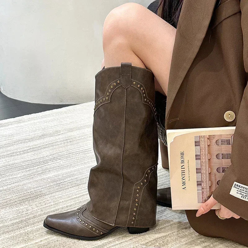 Women Cowgirl Boots Slip On Square Heel Long Pipe Retro Winter Boots