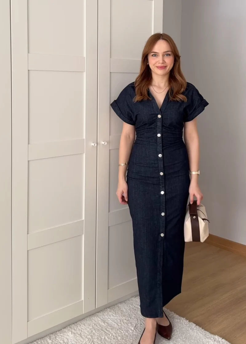 Women Denim Midi Dress Lapel Slim Fit Waist Belted Side Zipper Elegant Spring Dress