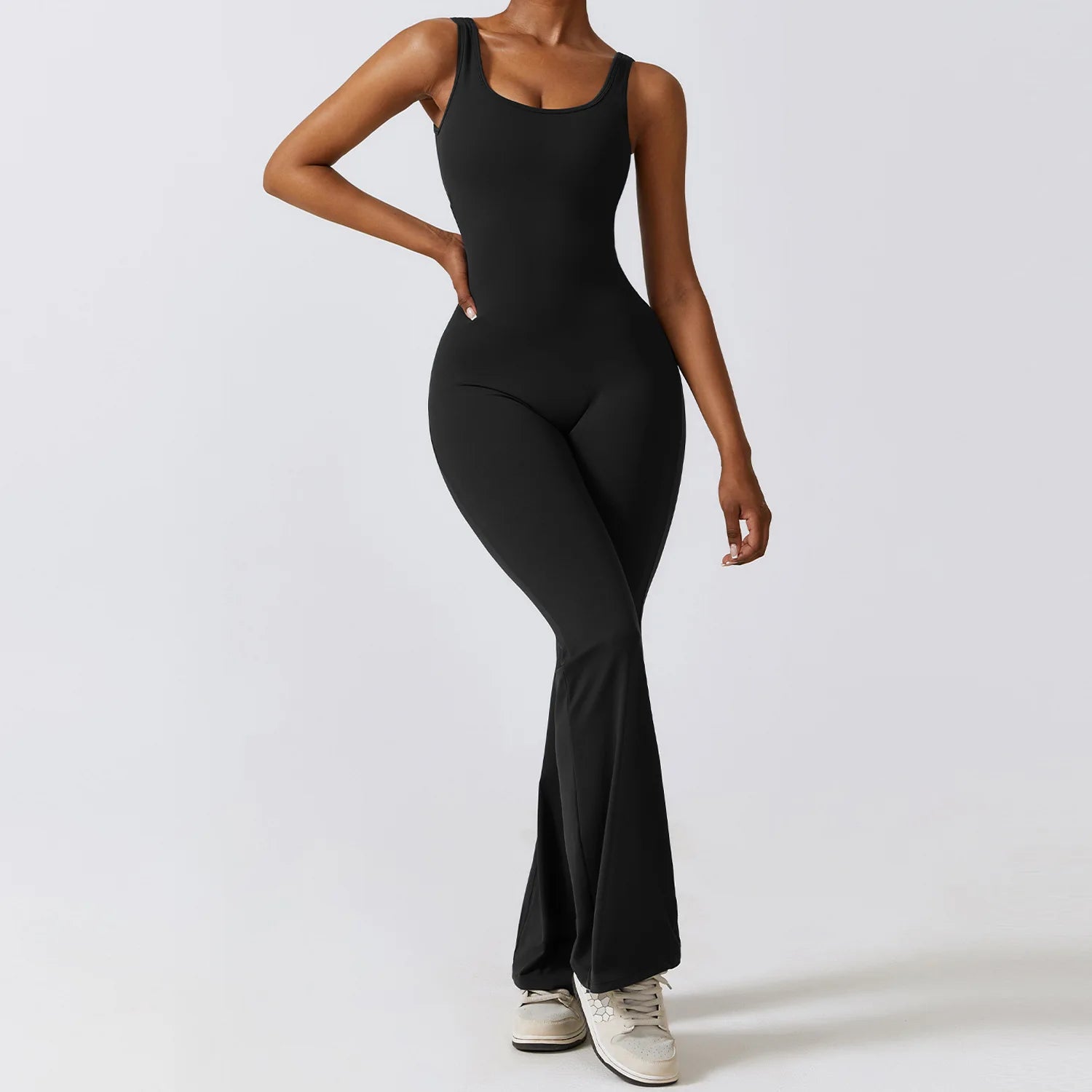 Women Backless Flare Jumpsuit Push Up Body Shaping Fitness Yoga Romper