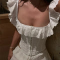 Women White Lace Corset Crop Top Off Shoulder Backless Ruffle Party Club Top