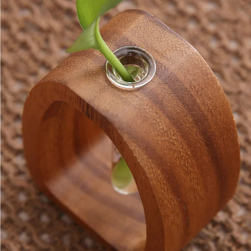 Solid Wood Flower Vase Glass Insert Mini Hydroponic Plant Holder Decor