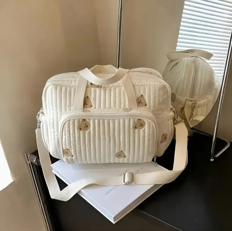 Nylon Crossbody Diaper Bag Bear Tulip Embroidery with Stroller Clip