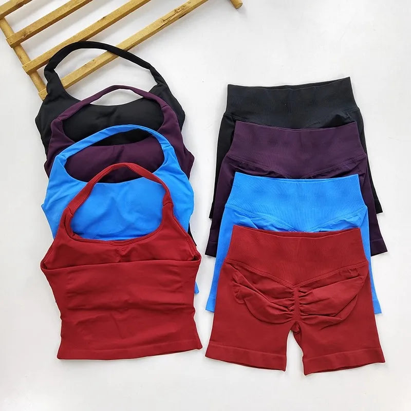 Seamless Yoga Set Women Halter Sports Bra High Waist Shorts Gym Workout Set