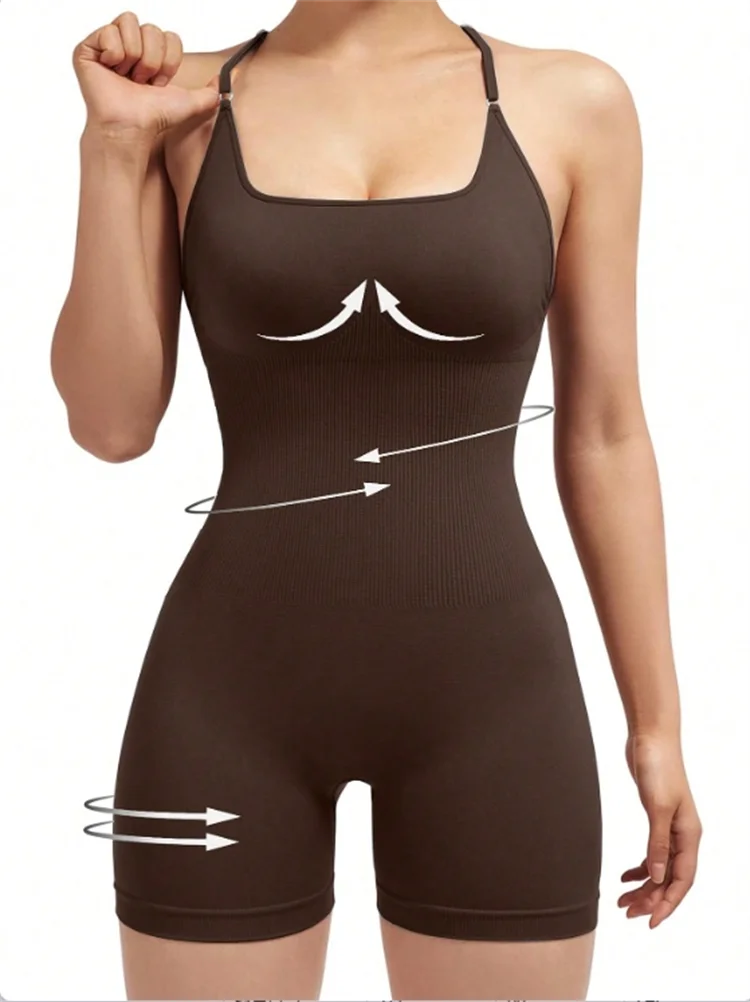 Women Adjustable Fitness Jumpsuit Backless Yoga Romper with Scrunch Shorts