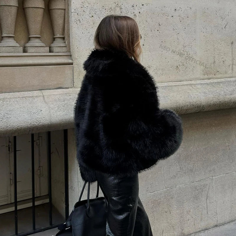 Women Faux Fur Short Coat Shawl Collar Winter Street Fashion Chic Overcoat