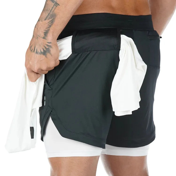 Men 2-in-1 Camo Running Shorts Quick Dry Gym Fitness Training Sports Shorts
