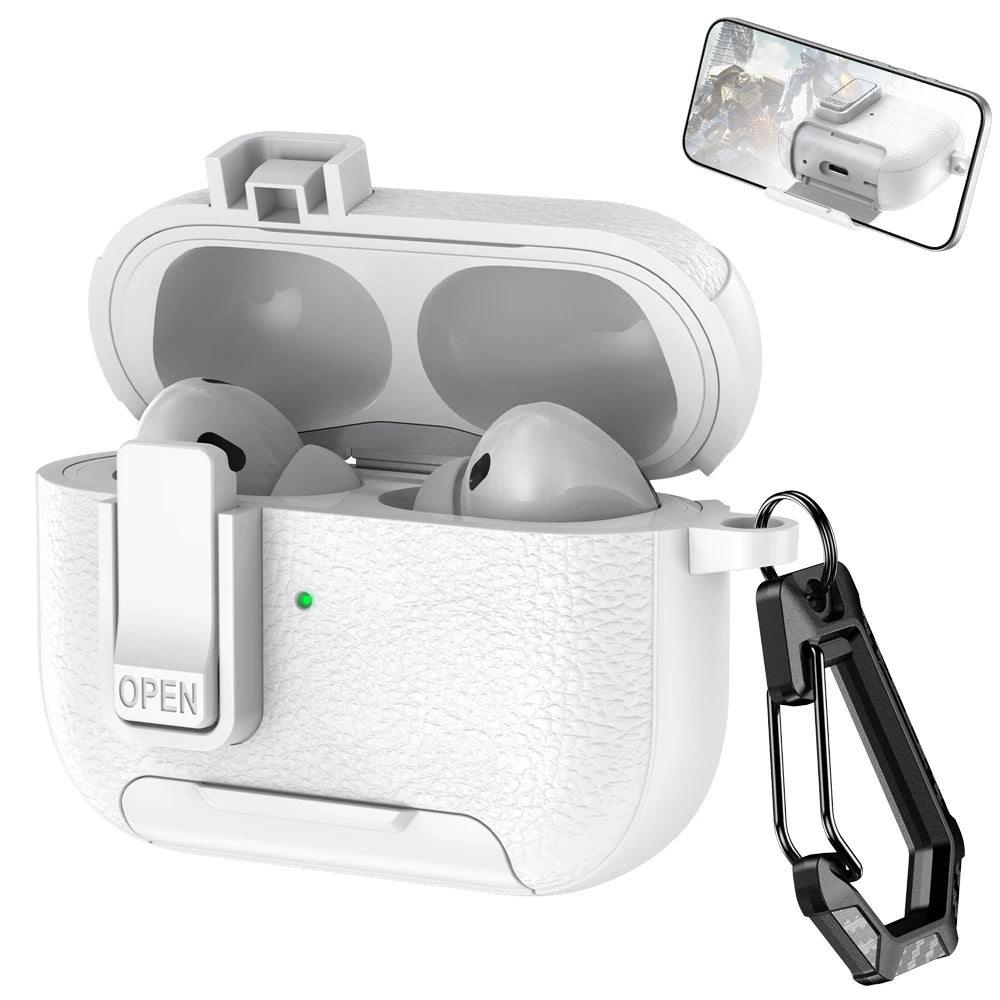 AirPods Pro 3 Case with Lock & Stand Leather Texture Shockproof Protective Cover Keychain Sleeve
