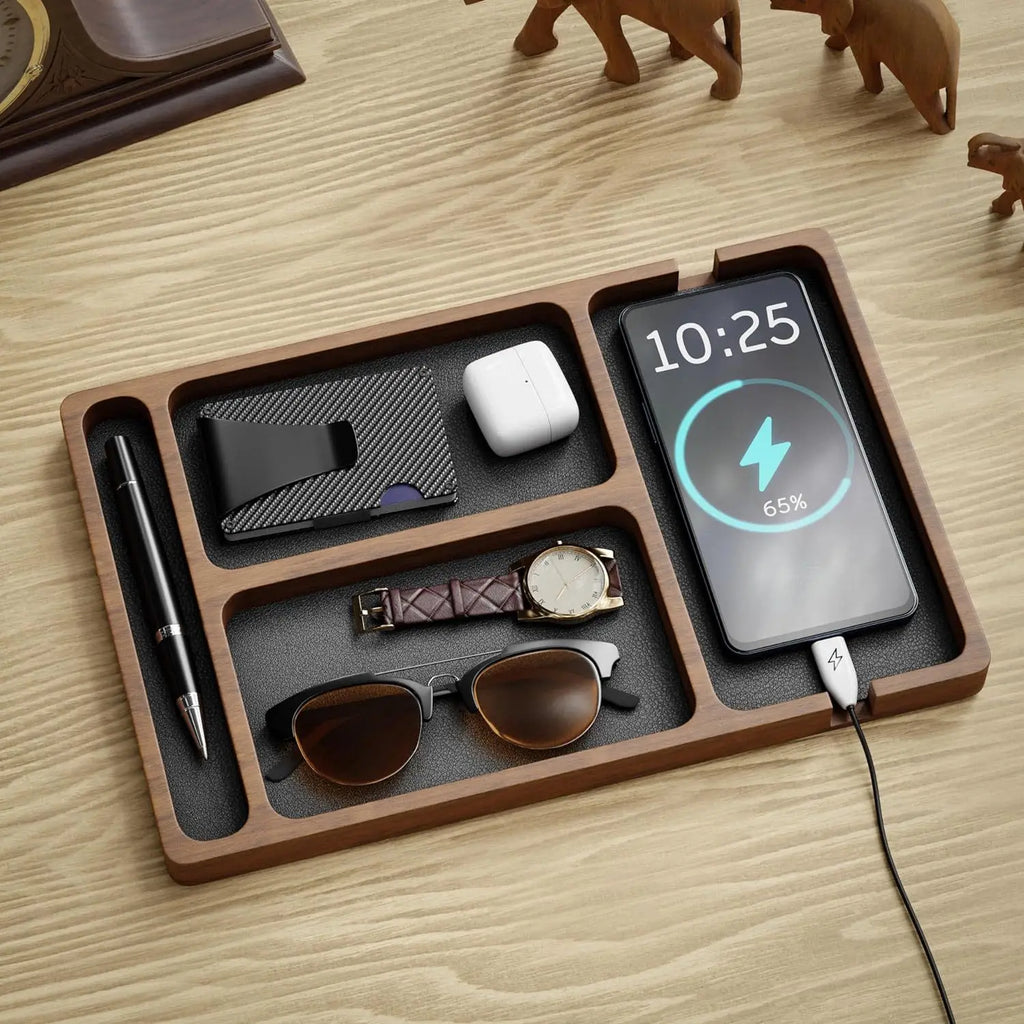 Wooden Desktop Storage Box Solid Wood Organizer Phone Headphone Tray Divider