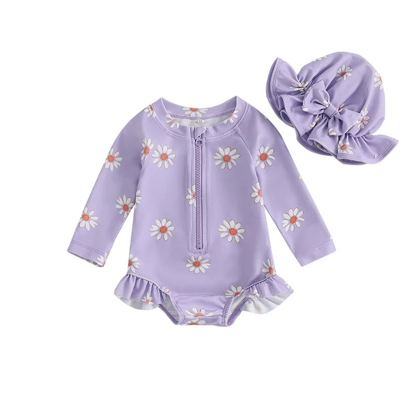 Baby Girl Floral Rash Guard Swimsuit with Hat