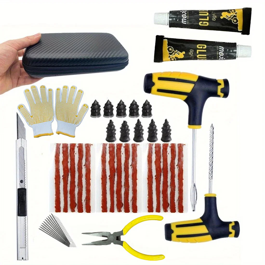 Emergency Tire Repair Kit – Car Puncture Fix Tool Set with Rubber Strips & Glue