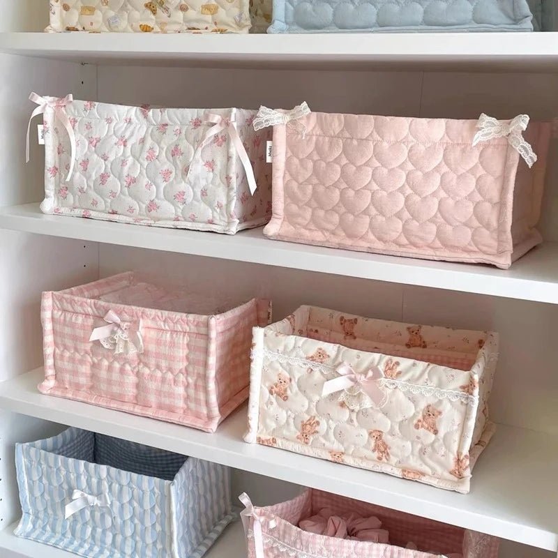Lace Flower Quilted Square Storage Basket Desktop Organizer Home Decor Basket