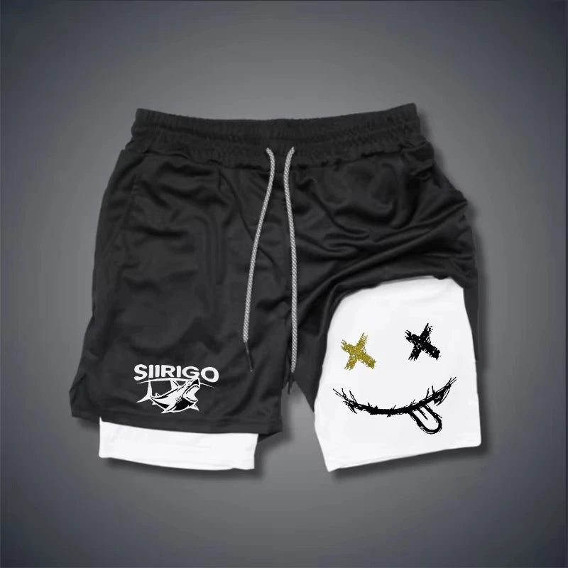 Men 2-in-1 Smiley Print Running Shorts Quick Dry Double Layer Fitness Training Sports Shorts