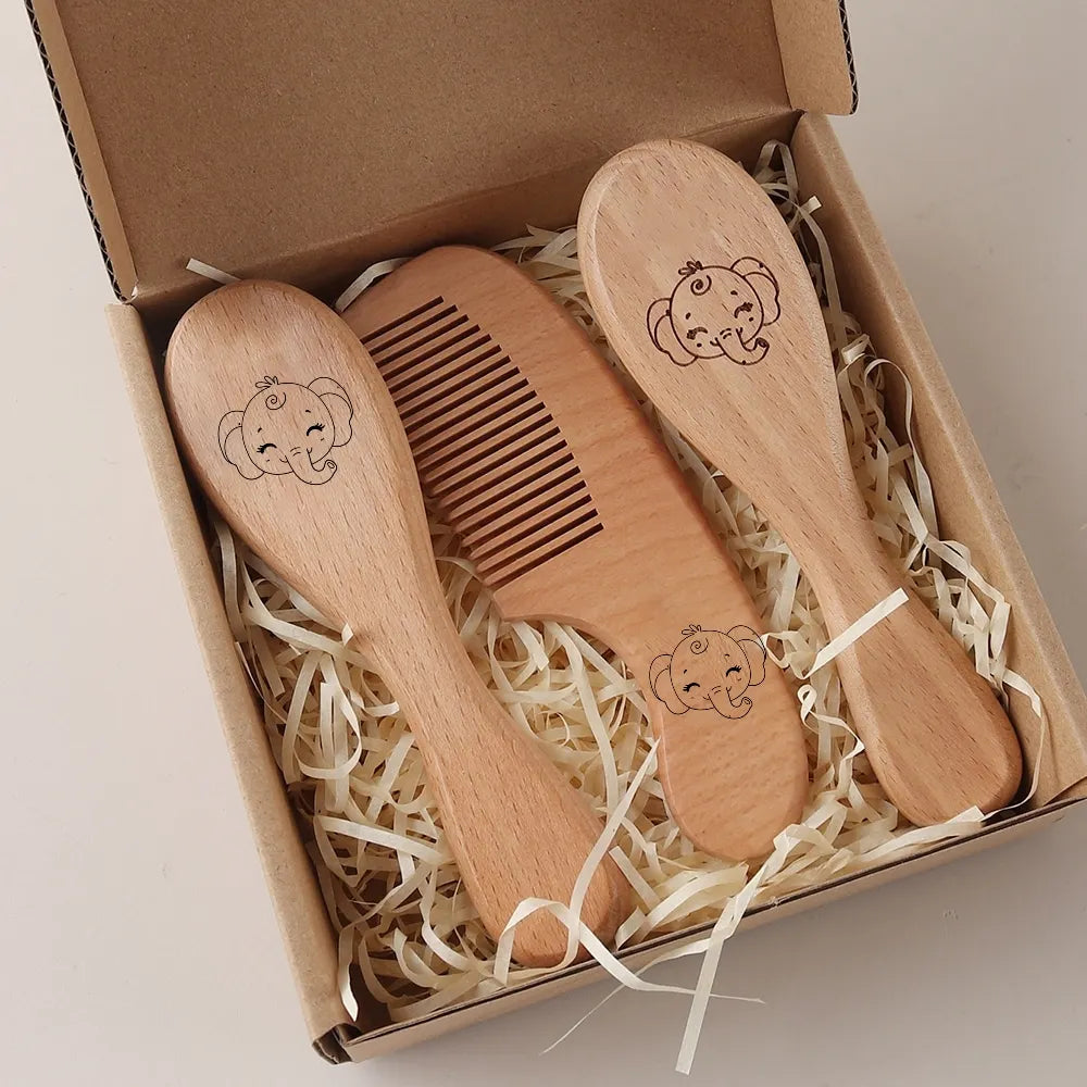 3pcs Baby Hair Brush and Wooden Comb Set Newborn Gift