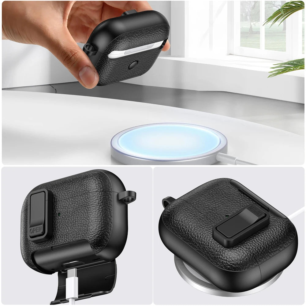AirPods Pro 3 Case with Lock & Stand Leather Texture Shockproof Protective Cover Keychain Sleeve