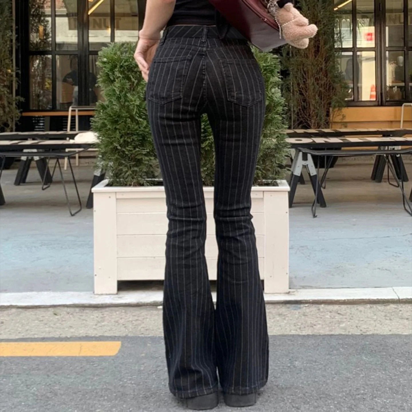Women Y2K Low Rise Bootcut Flare Jeans Black Striped Denim Streetwear Pants