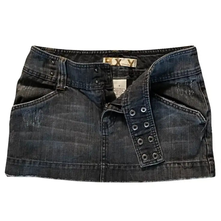 Women Y2K Low Waist Denim Mini Skirt Adjustable Waist Gothic Slim Fit Short Skirt