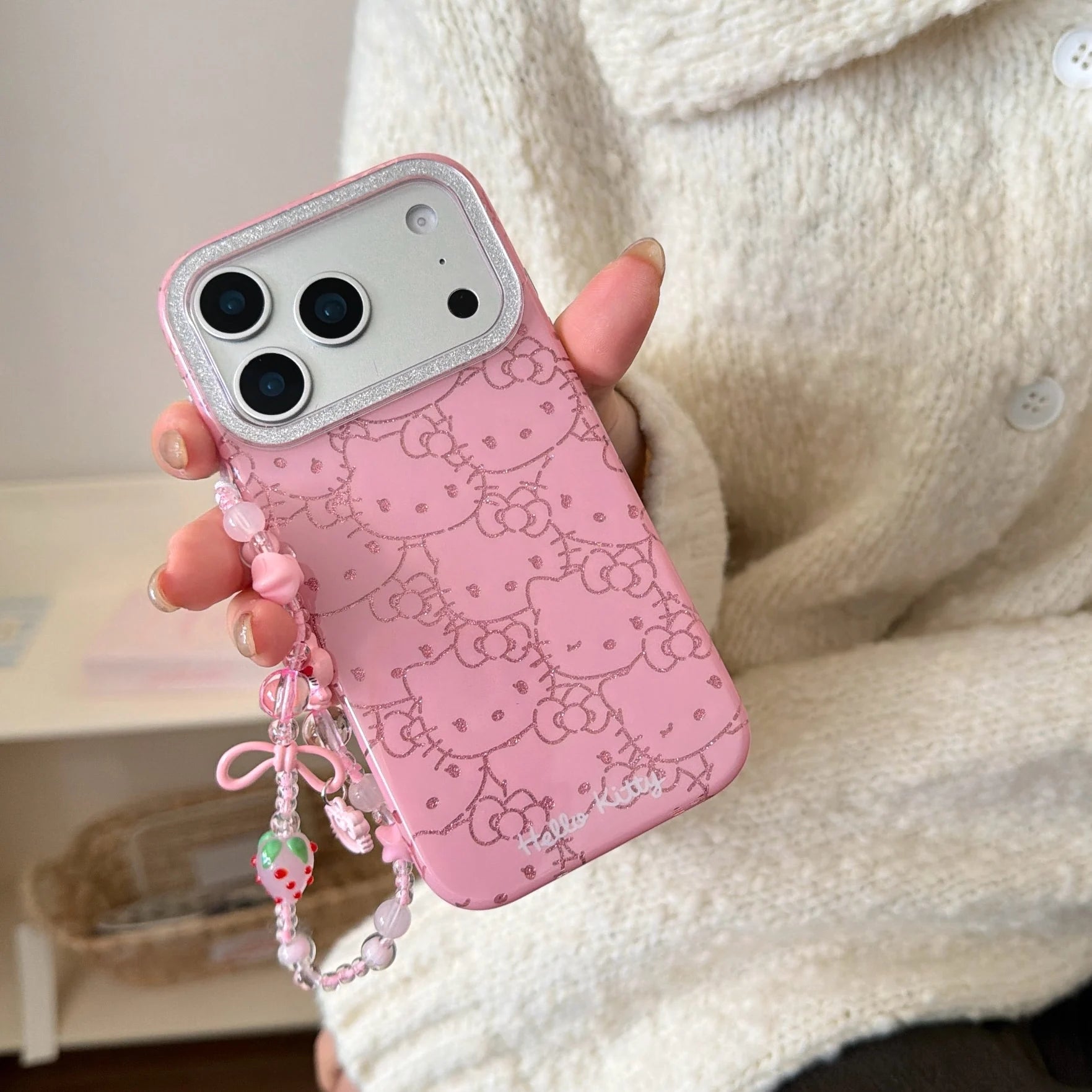 Full Screen Pink Lines Hello Kitty Glitter iPhone Case