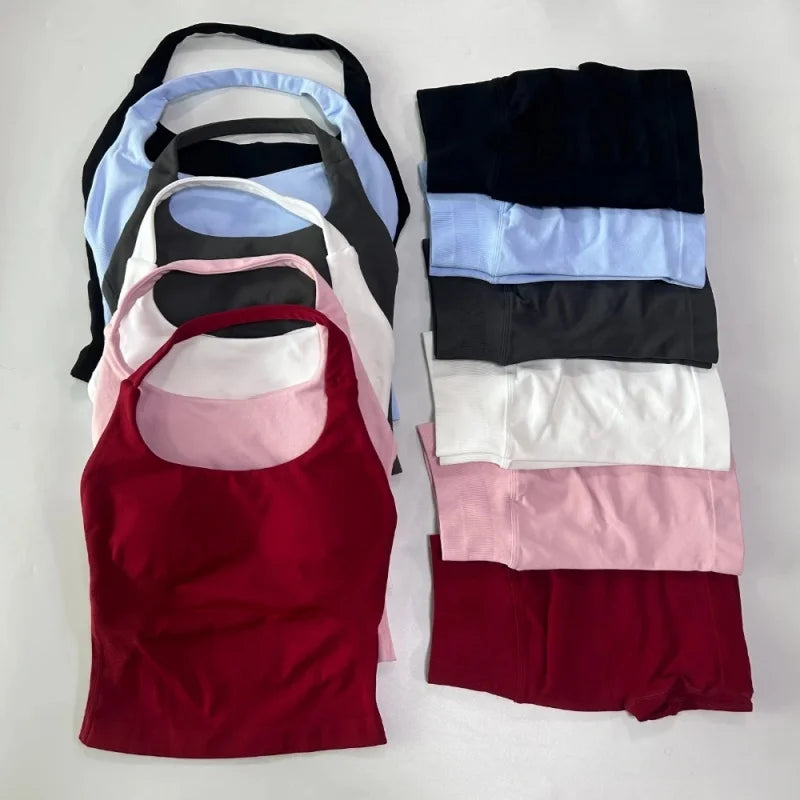 Yoga Set Women Seamless Tank Top High Waist Scrunch Shorts Gym Workout Set