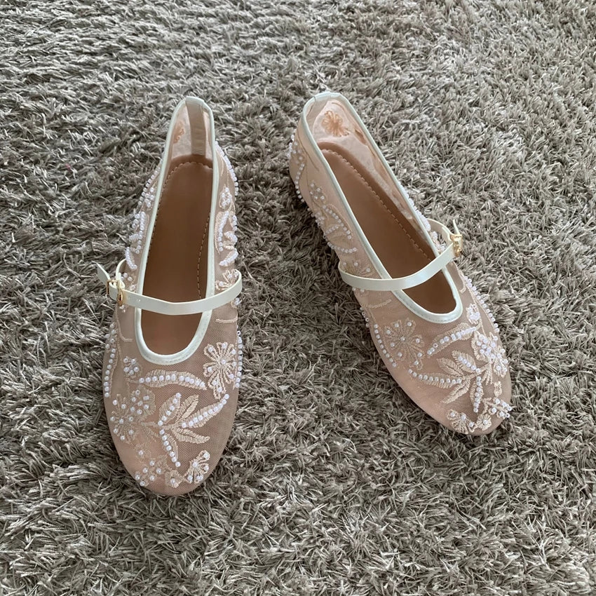 Women Mesh Embroidery Mary Jane Ballet Flats Buckle Breathable Soft Low Heel Shoes