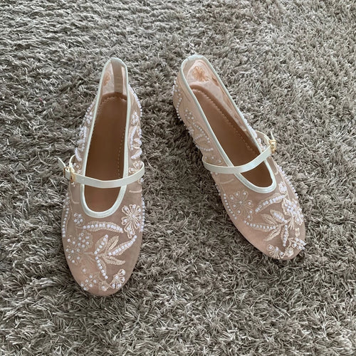 Women Mesh Embroidery Mary Jane Ballet Flats Buckle Breathable Soft Low Heel Shoes