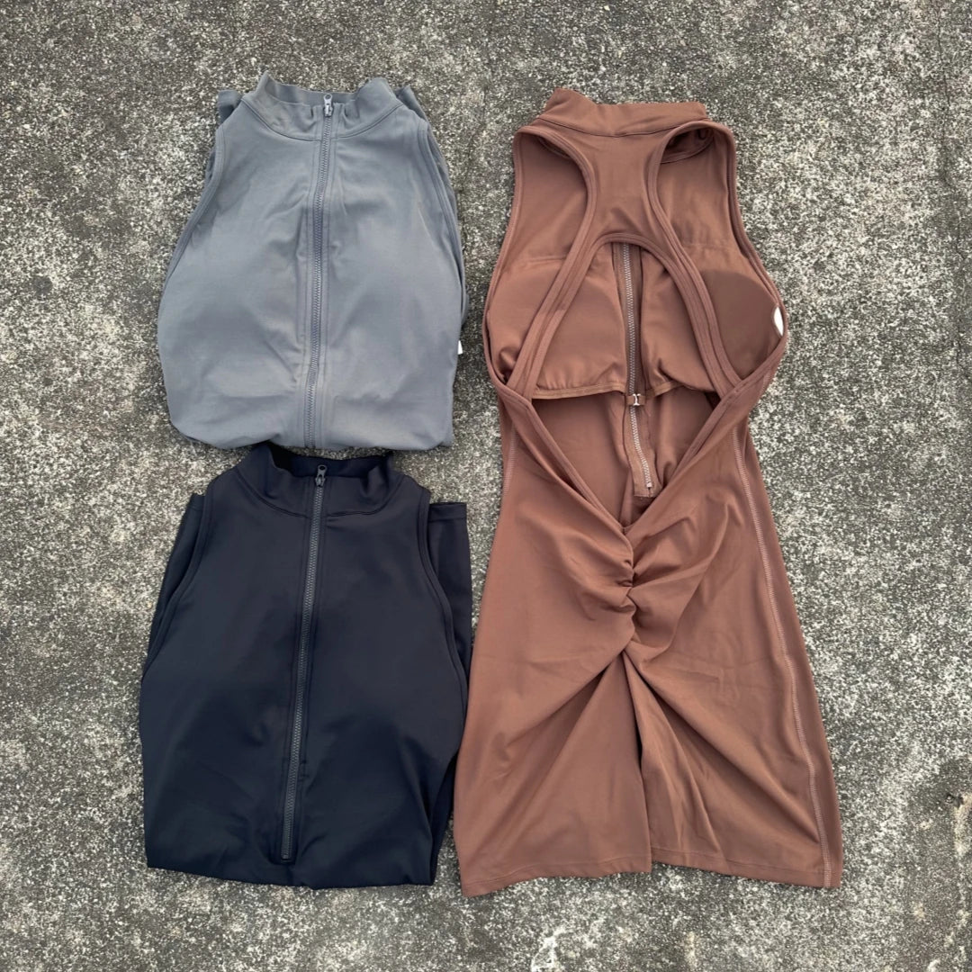 Women Scrunch Back Yoga Jumpsuit Shorts Set Zipper Fitness Sportswear One Piece Outfit
