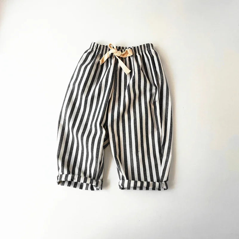 Kids Striped Linen Cotton Pants Vintage Loose Harem Trousers for Boys & Girls