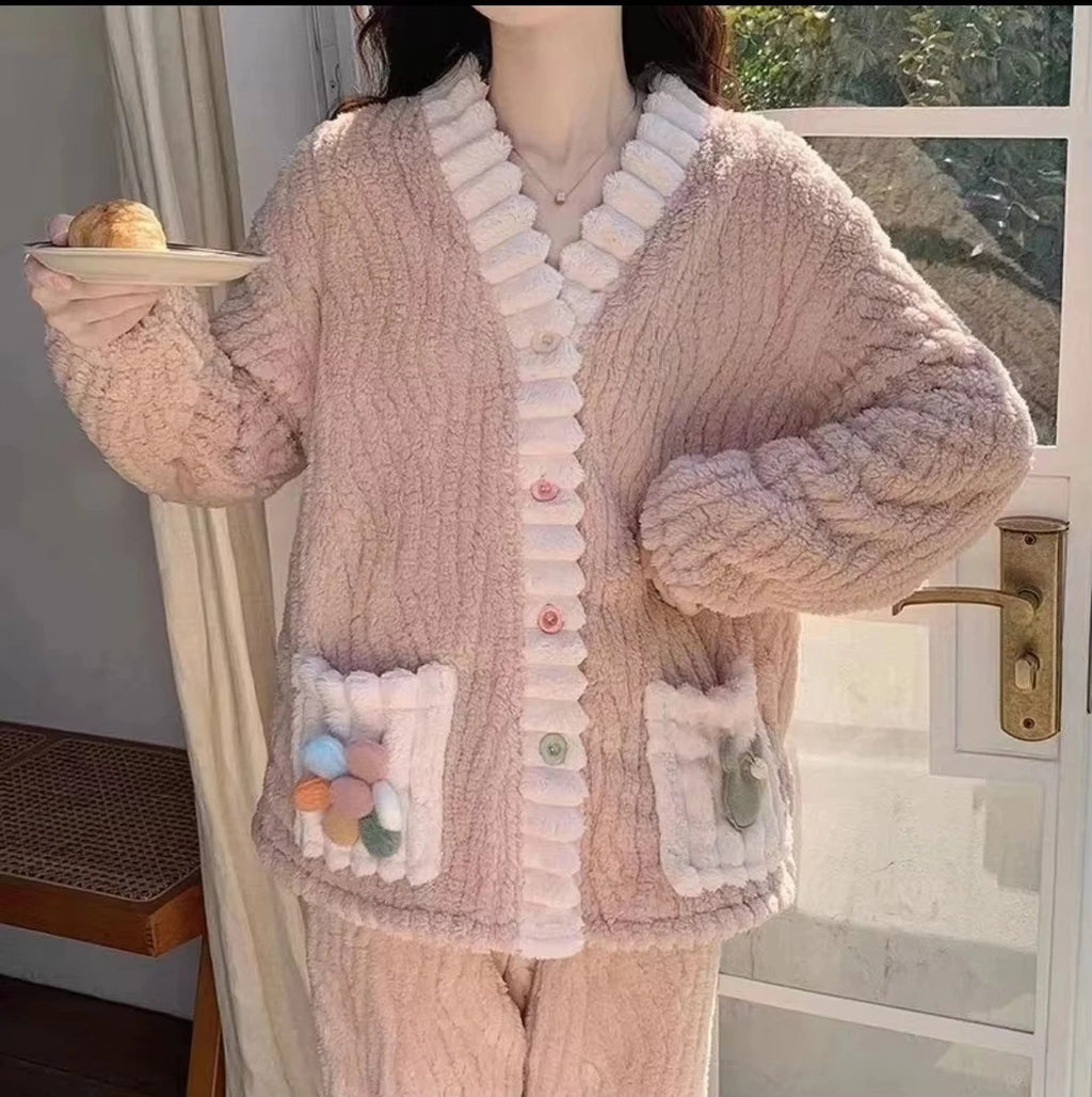 Women Flannel Pajama Set Warm Soft Kawaii Homewear Suit