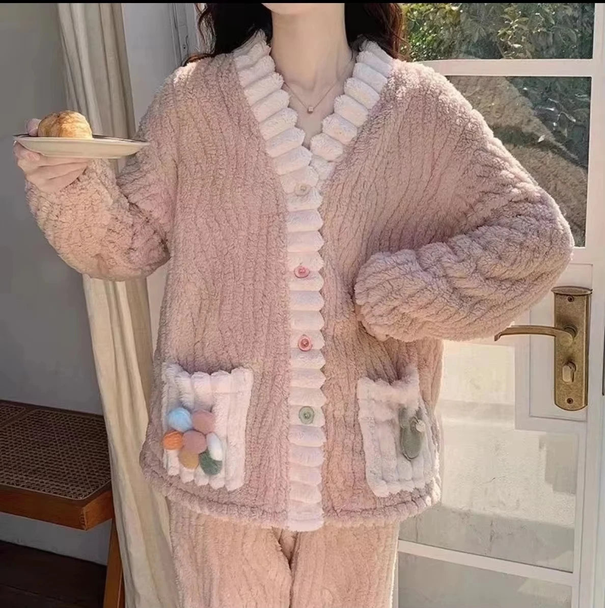 Women Flannel Pajama Set Warm Soft Kawaii Homewear Suit