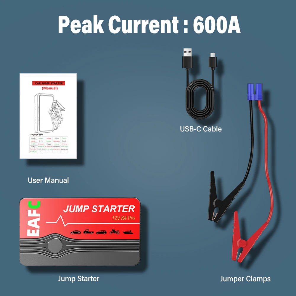 Portable Car Jump Starter 600A 12V – Emergency Battery Booster Power Bank for Petrol & Diesel Cars