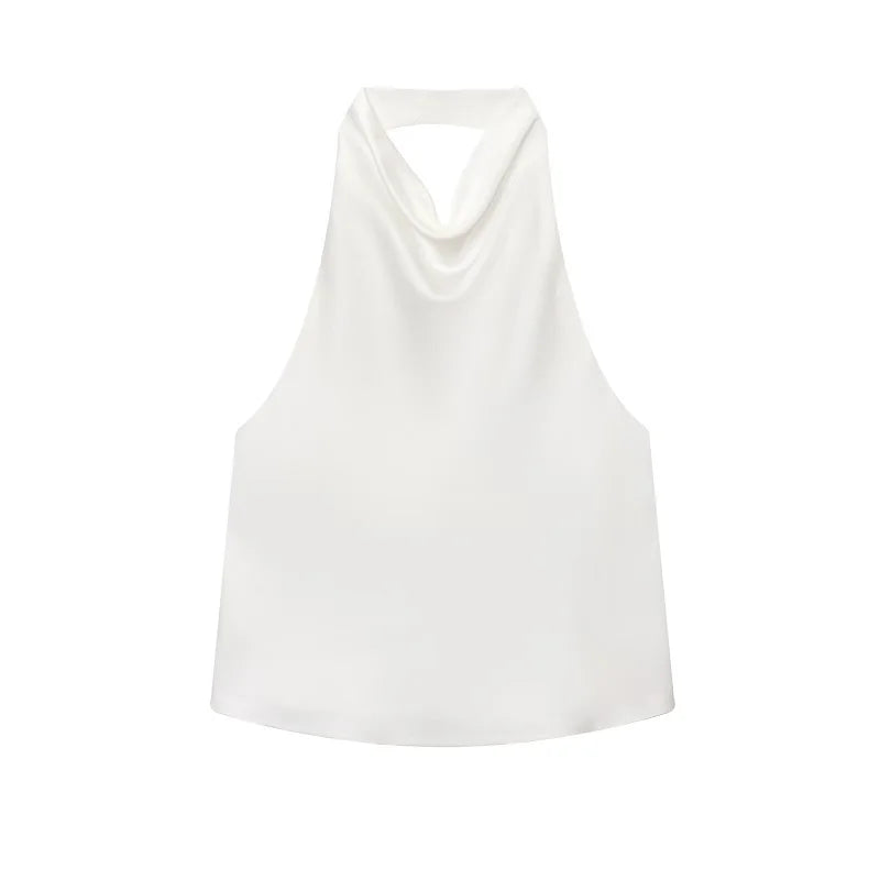 Women Satin Halter Backless Top Summer Beach Camisole Crop Top