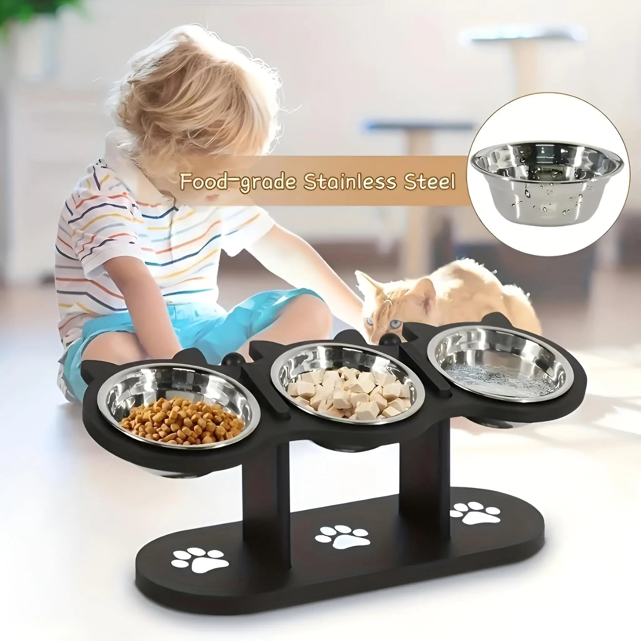 Elevated Stainless Steel Cat Bowl with 15 Degree Wooden Stand
